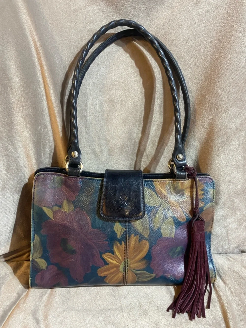 Patricia Nash Rienzo Floral Black Leather Peruvian Painting Shoulder Handbag